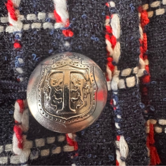 Talbots Boucle Wrap Skirt Silver Buttons Navy Red White Textured Size 14 - Picture 14 of 14